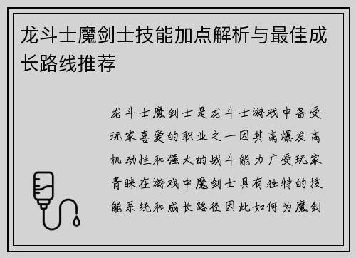 龙斗士魔剑士技能加点解析与最佳成长路线推荐